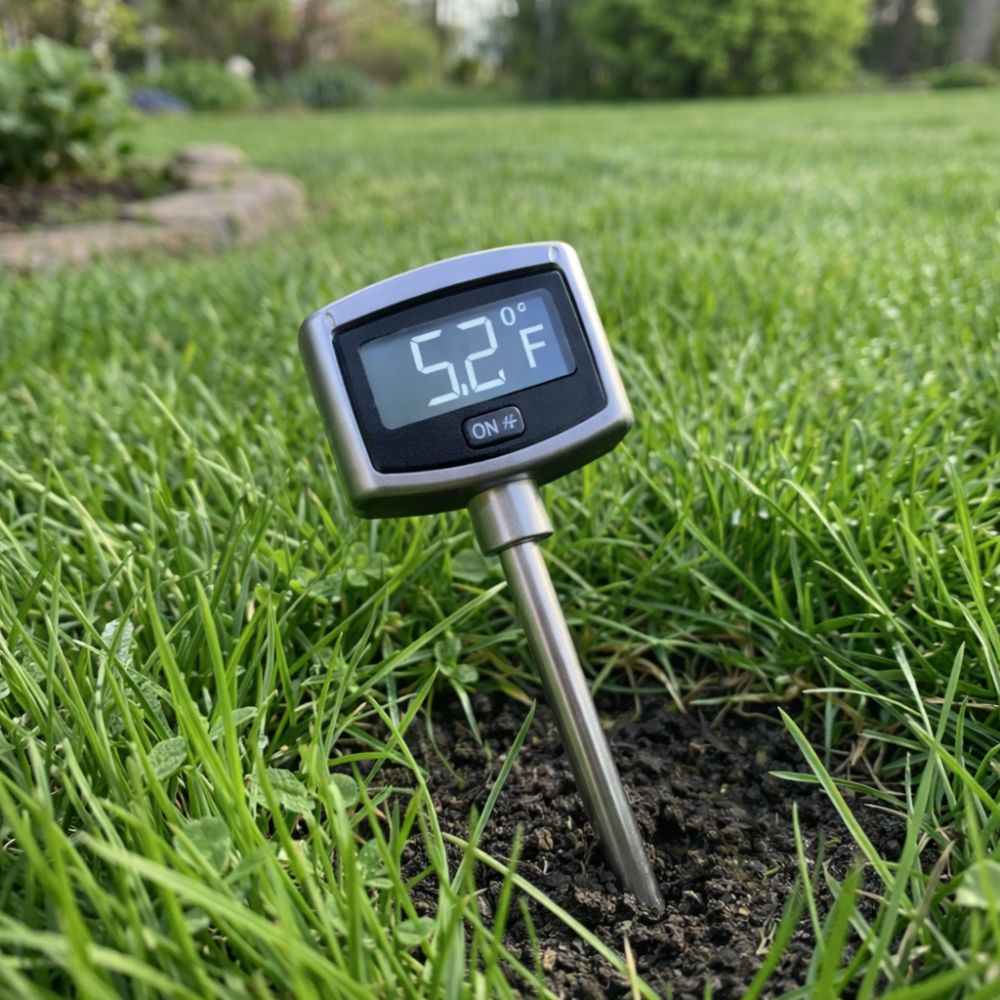 Soil thermometer inserted into spring lawn measuring 55 degrees Fahrenheit for optimal crabgrass pre-emergent barrier timing