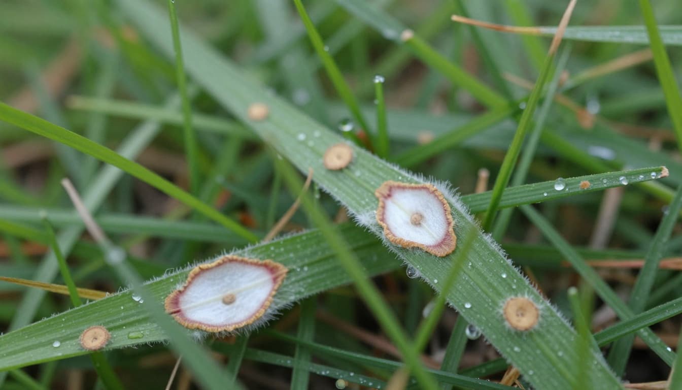 dollar spot lesions on fescue grass blades