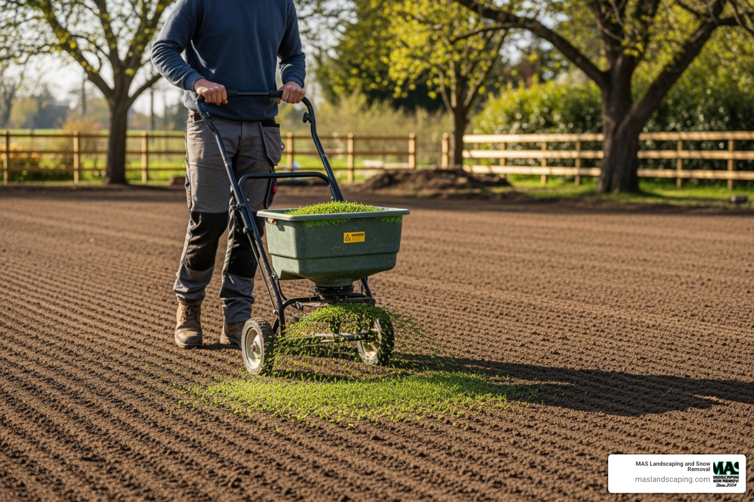 drop spreader applying grass seed to lawn