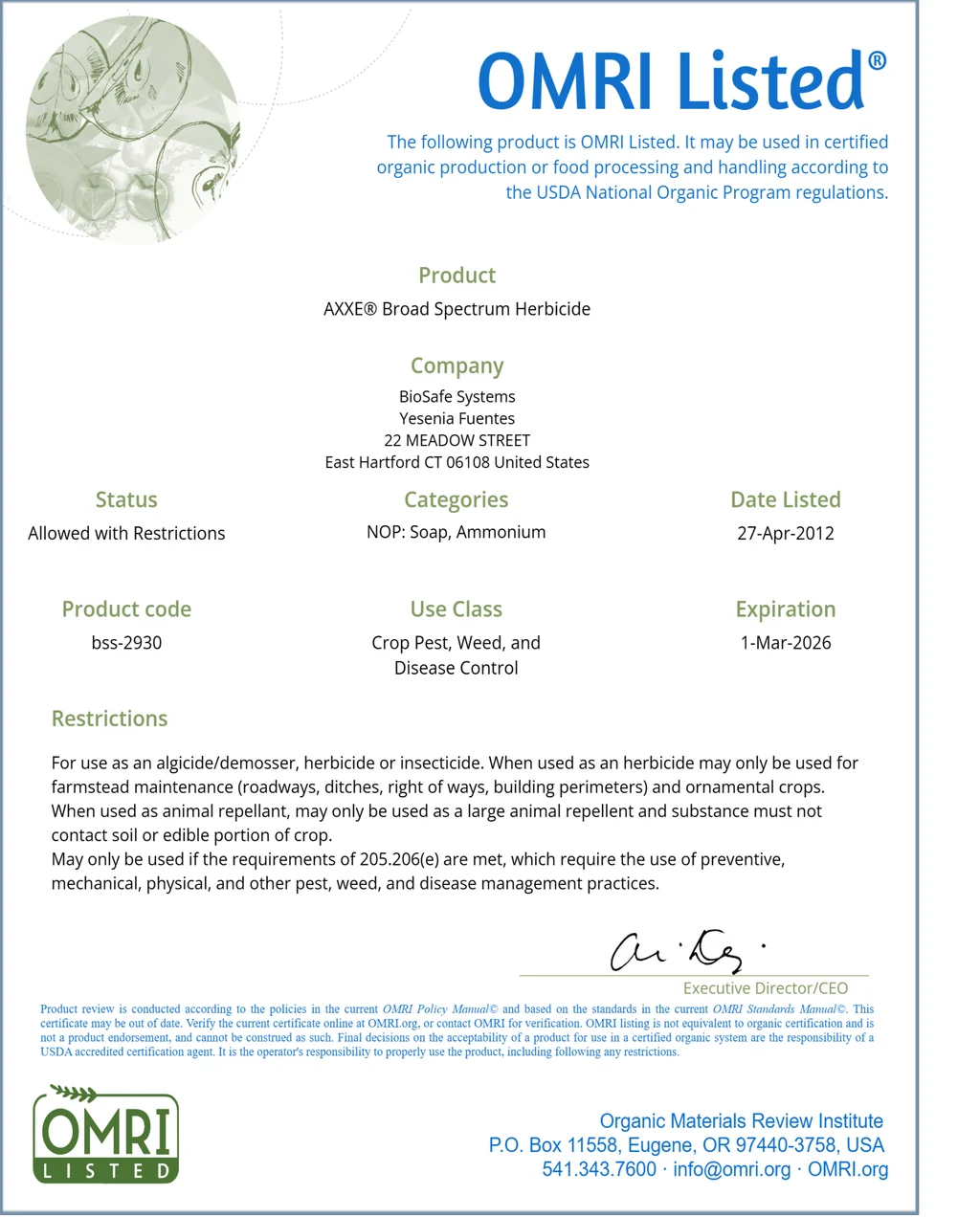 Organic OMRI-listed citrus and clove oil bio-herbicide bottles beside protective turf application safety equipment